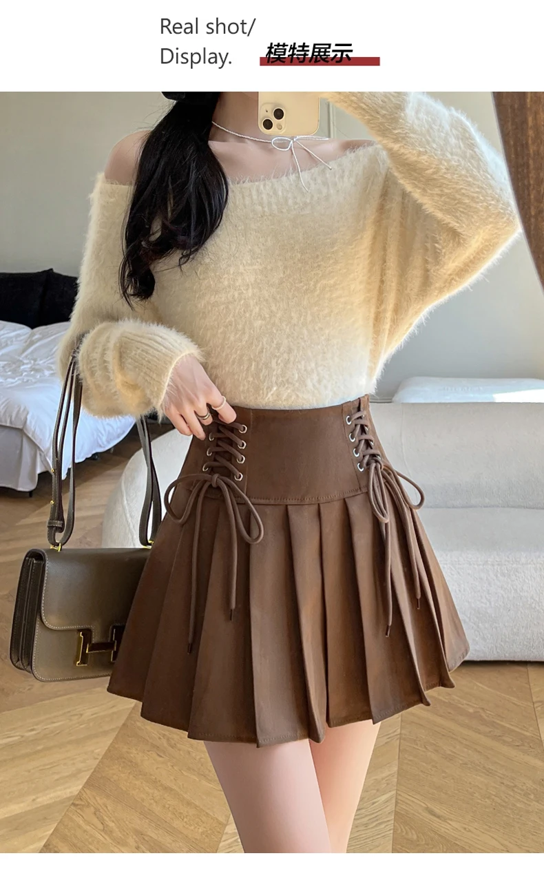 Women's 2025 New Collection Suede A-Line Skirts High Waisted Pleated Mini Flared Skirt for Autumn Winter, Casual Short Skirt