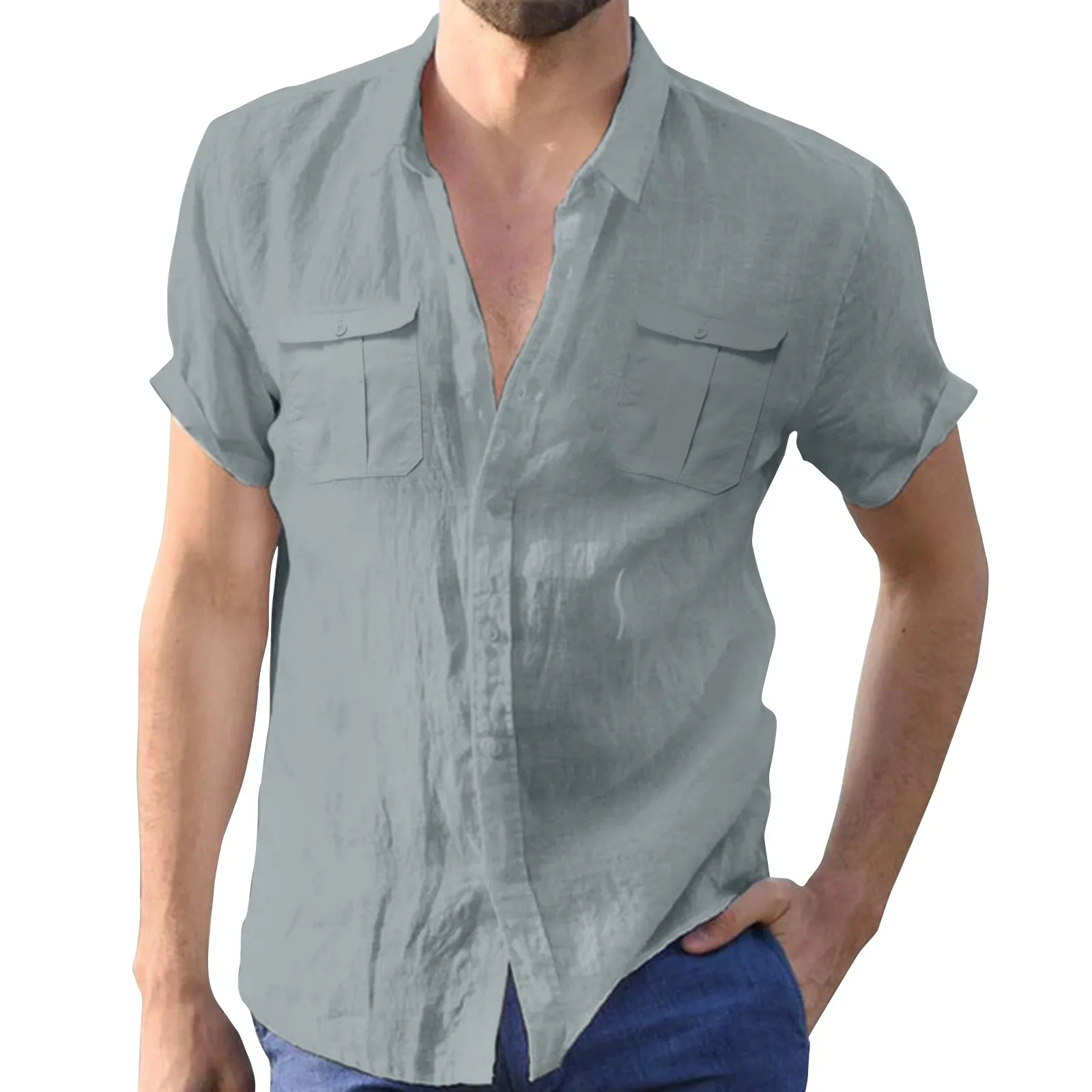 

2023 New Fashion Blouse For Men Solid Color Cotton Linen Loose Top Short Sleeve Lapel Shirt Summer Daily Handsome Clothes