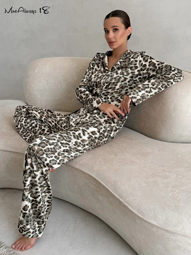 Mnealways18 Leopard Printing Pants Suits Womens Notched Collar Shirts Homewear 2024 High Waist Pants Two Pieces Sets Sleepwear