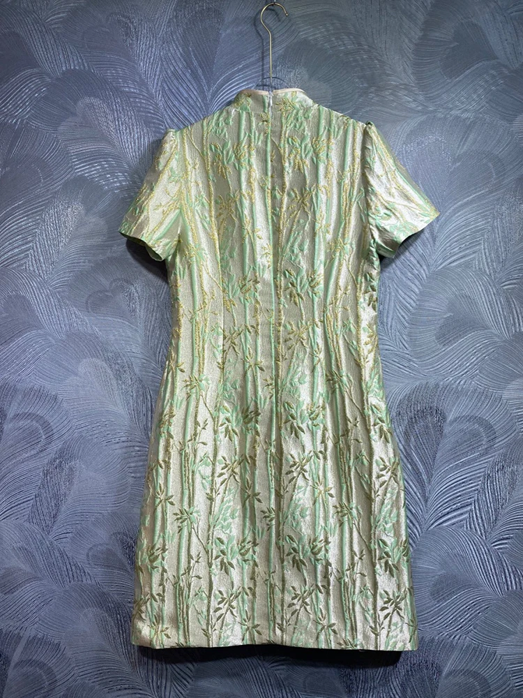 DLDENGHAN-vestido de festa jacquard vintage para mulheres, gola alta, manga curta, botão, estilo chinês, designer de moda, verão, novo