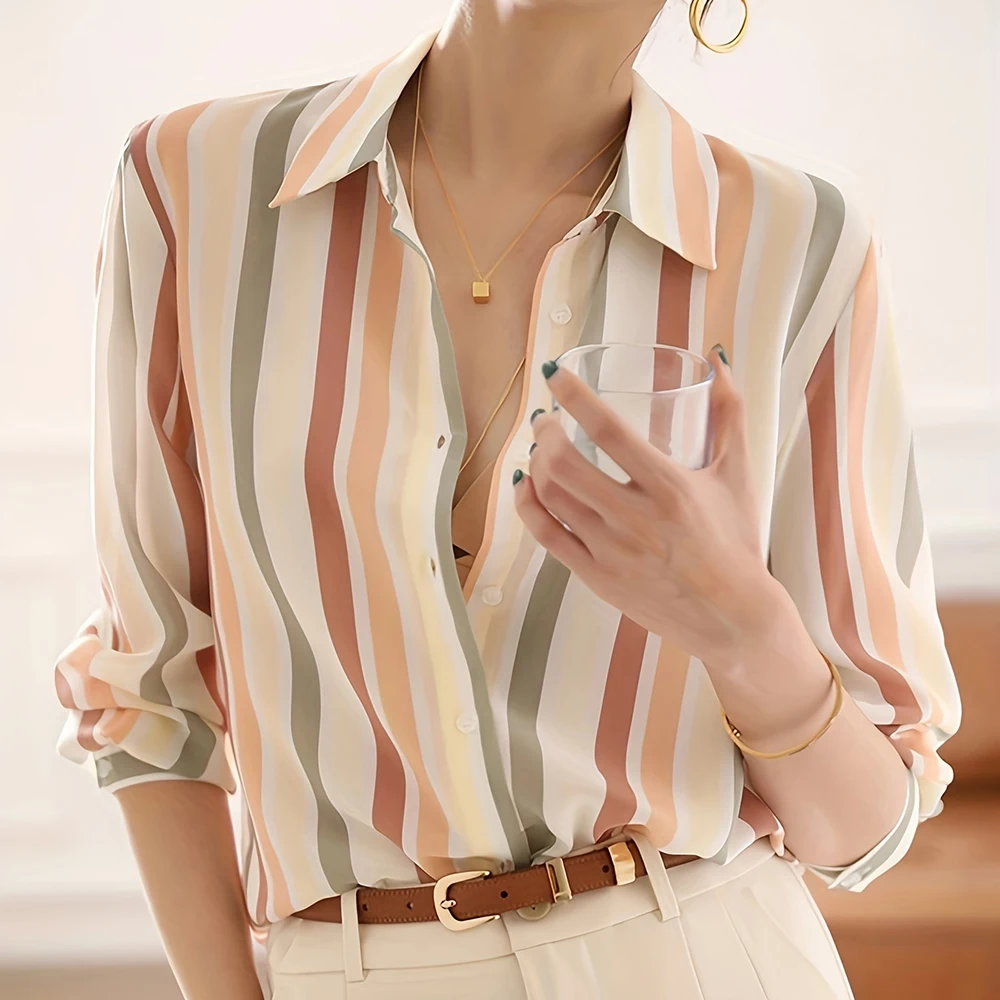 Women'S Casual Shirt 2024 New Color Striped Printed Shirt Summer Large Size Lapel Button Up Top Elegant Evening Dress For Women