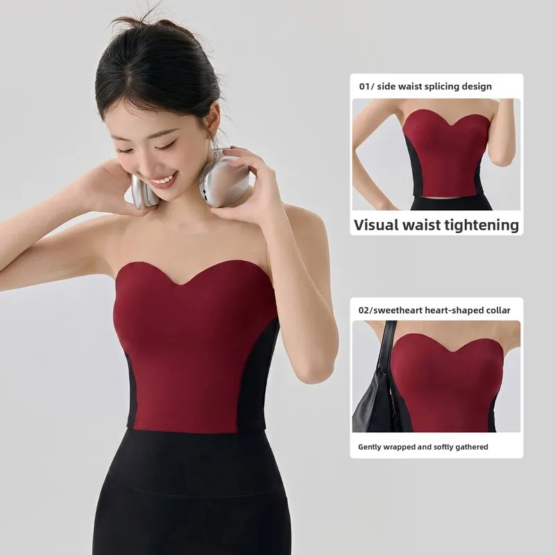 Women‘s Strapless Yoga Top Built-in Bra Mesh See Through Bandeau Tank Tops Backless Workout Crop Tops Sexy Pilates Gym Shirts