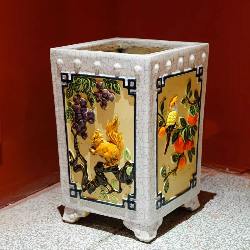 

Handmade Shiwan pottery squirrel flower pot vase flower arrangement decorative ornament