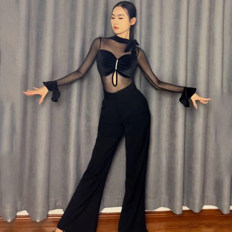 

2024 Latin Dance Costumes For Women Long Sleeved Mesh Tops Flared Pants Suit Chacha Rumba Tango Female Latin Dance Wear DQS15492