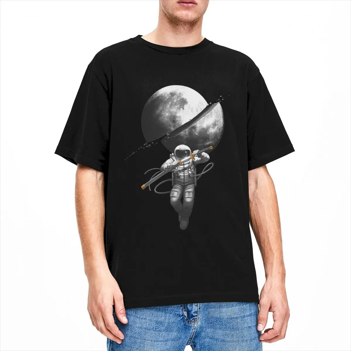 Astronaut Samurai Cutting The Moon T-Shirt Summer Classic Astronaut Funny T Shirts 100 Cotton Fashion Tee Shirt For Man Tees