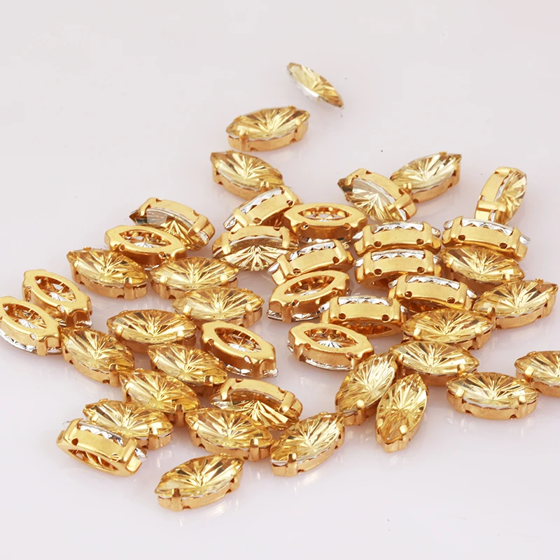 RESEN 7x15mm 50pcs Sew On Horse Eye Rhinestone Laser Color Crystal Stone Gold Brass Claw Navette Stone for DIY Sewing Dress Trim