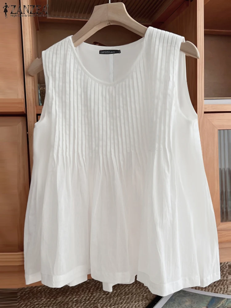 ZANZEA Vintage Holiday Tanks Tops Summer Fashion Shirt Women Sleeveless Pleated Blouse Casual O Neck Beach Tees Female Blusas