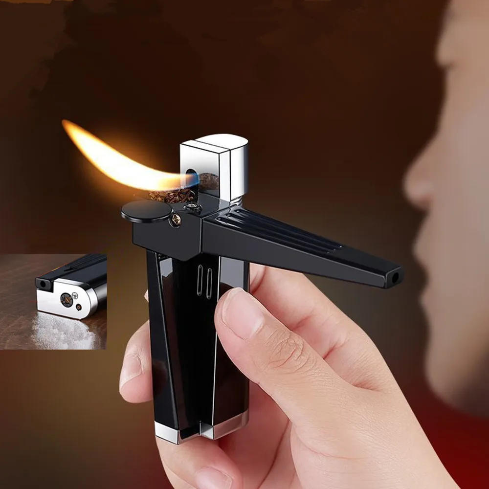 Portable Pipe Lighter Built-in Pipe Stand Refillable Butane Window Lighter with Angled Soft Flame Gas Lighter（No Gas）