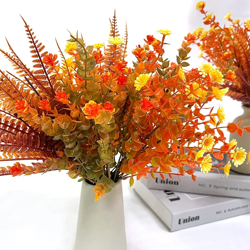 2PACKS Artificial Fall Flowers Fake Outdoor UV Resistant Autumn Plants for Home Kitchen Christmas Festival Thanksgiving Autumns