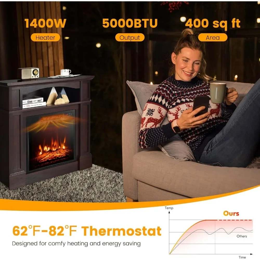 Chimenea eléctrica de 32" con repisa, calentador independiente de 1400 W con control remoto y brillo ajustable