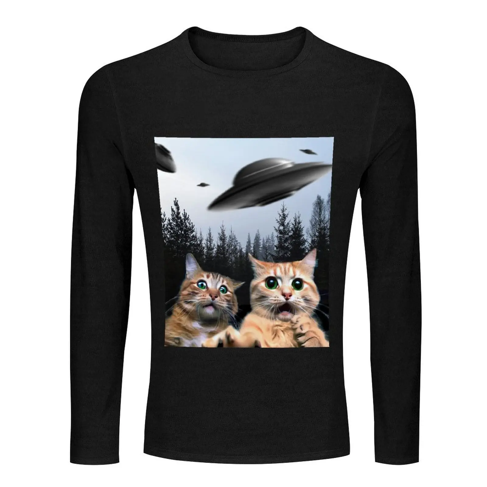 Funny Cat Selfie with UFOs Long T-Shirt anime clothes Men's clothing