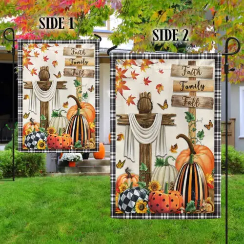 Fall Flag Faith, Family, Fall Christian Cross Pumpkins Thanksgiving  Garden Flag KKL AAL HHM WZZ yyi