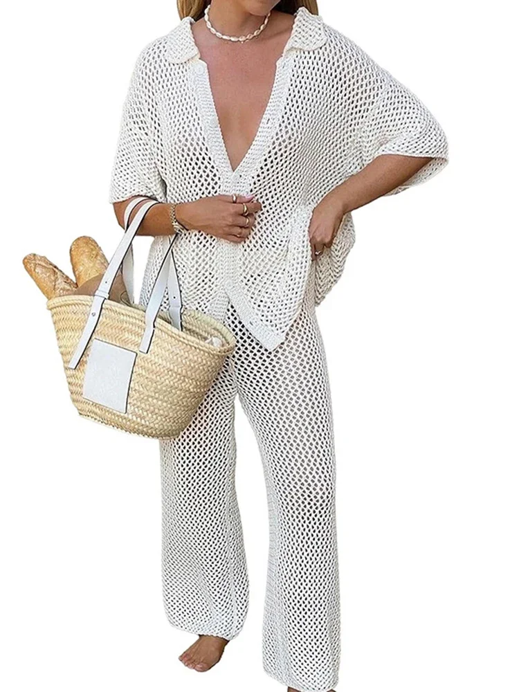 New Two-piece Bikini Cover-Ups Women Pants Sets Beach Cover Up Hollow Out Short Sleeve Summer 2025 Fashion Female Beachwear