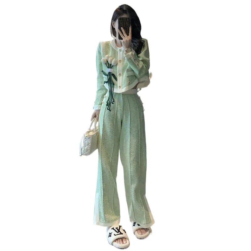 Fashion Set Women's Spring 2024 Korean Edition New Celebrity Elegant Women's Temperament High Grade Wide Leg Pants Two Piece Set