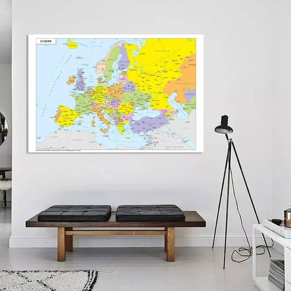 Mapa de Europa en francés, decoración de pared grande de 150x100cm, póster Retro, pintura en aerosol en lienzo, suministros escolares para el hogar y la sala de estar