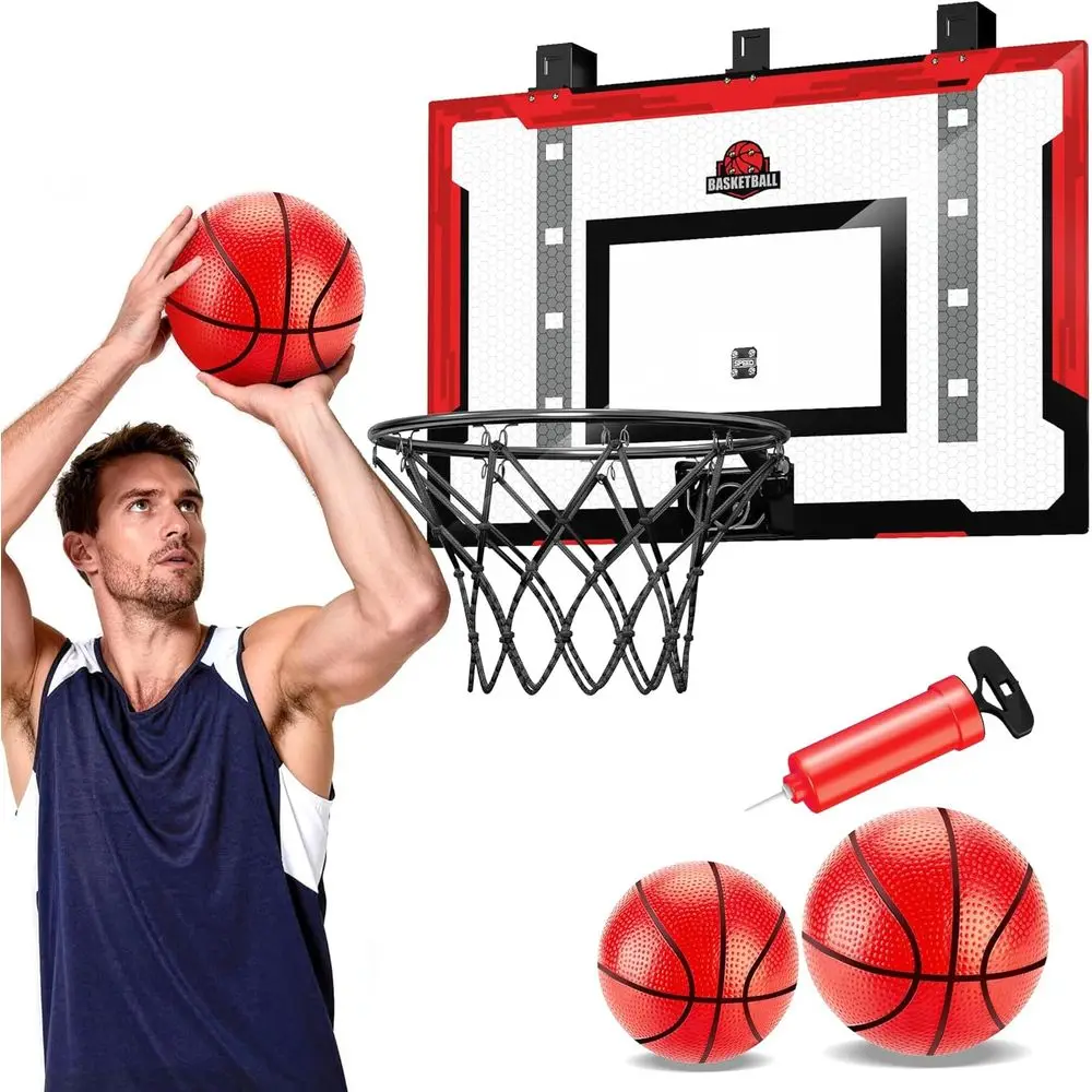 

24 x 16 Adjustable Height Indoor Basketball Hoop - Over Door with Accessories, Perfect for Kids & Adults (Red)