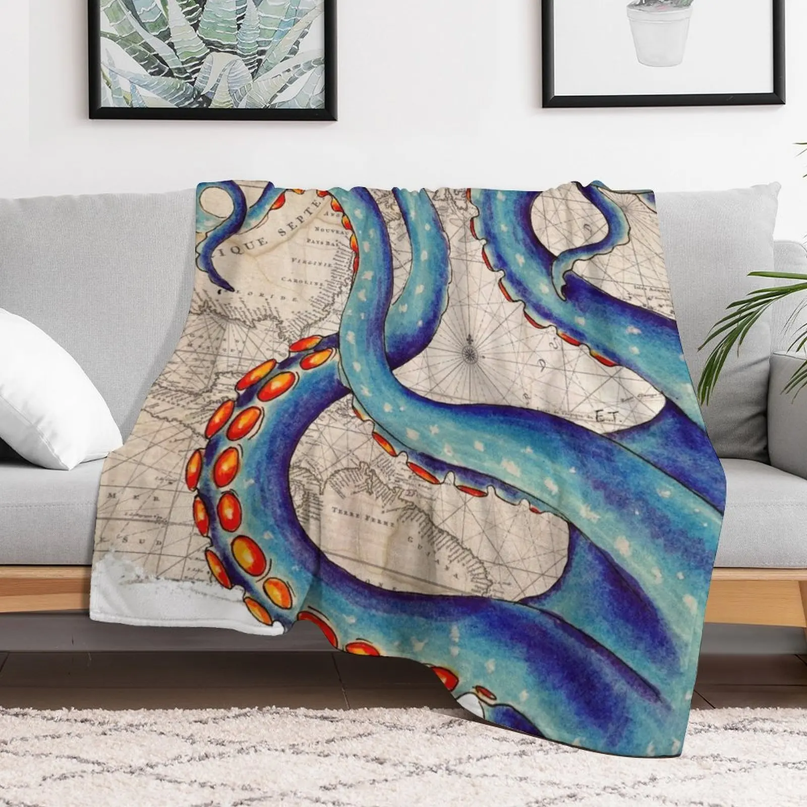 Tentacles Vintage Map Octopus Kraken Shabby Chic Beach Throw Blanket Nap Bed Fashionable Winter beds Blankets