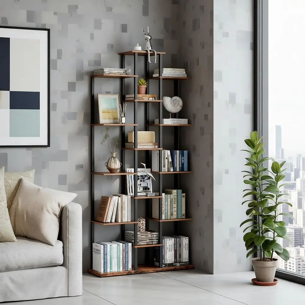 

6-уровневая книжная полка в деревенском коричневом стиле для небольших помещений: идеально подходит для гостиной, домашнего офиса и учебы.
