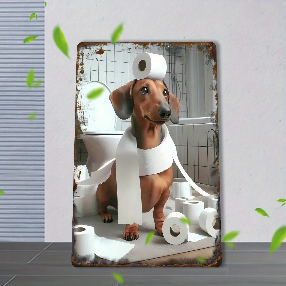 2D Flat - Whimsical Dachshund Bathroom Metal Sign - 20.32x30.48 cm Vintage Wall Art, Reusable Iron Decor with Humorous Dog view 4