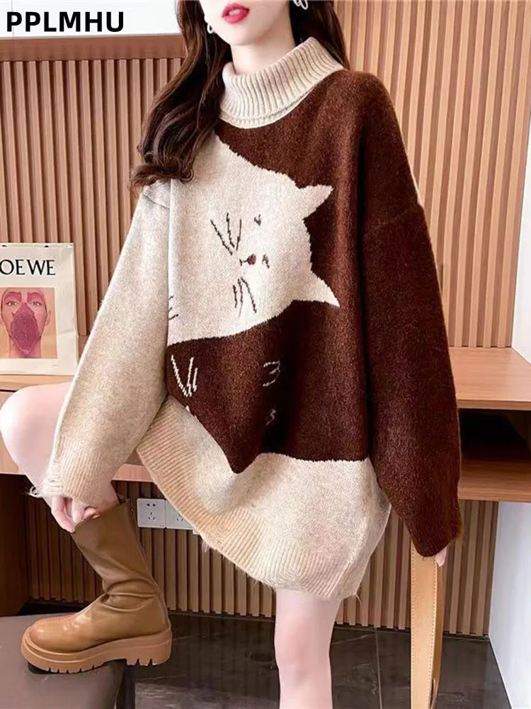

Warm Cartoon Print Jacquard Turtleneck Sweater Velvet Women's Casual Baggy Pullovers Fashion O-neck Soft Mid-length Jumpers