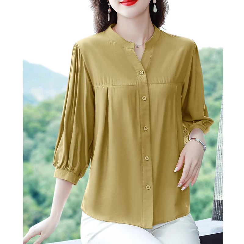 Simple Casual Loose Solid Three Quarter Sleeve Button Up Shirt 2023 Spring Summer Elegant Fashion V Neck Top Blouse Women Blusas