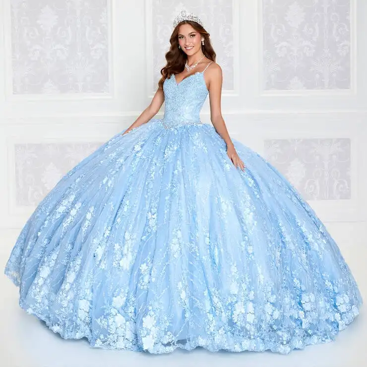 

Небесно-голубое пышное платье Quinceanera, бальное платье на тонких бретельках, тюлевое кружево, расшитое бисером, мексиканские милые платья 16, 15 Anos по индивидуальному заказу