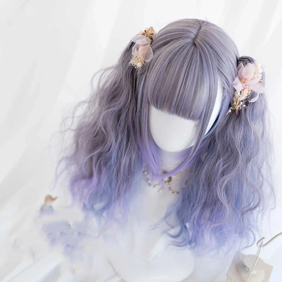 Grey Blue Purple Ombre Synthetic Wigs for Cosplay Long Curly Wavy Layered Wigs with Bangs for Women Heat Resistant Fake Hair image 4