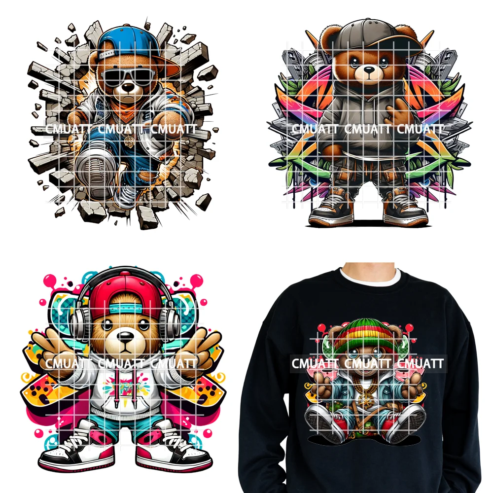 

12-дюймовый насыщенный медведь с золотыми цепочками King Cool Hip Hop Urban Animal Iron on DTF Diy Transfers Stickers Ready to Press for T-shirts