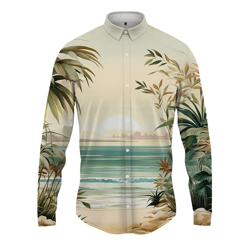 

New Hawaii Shirts Men Fashion Beach Long Sleeve Beach Blouse Men's Clothing Vocation Blouses Floral Camisas Streetwear Lapel Top