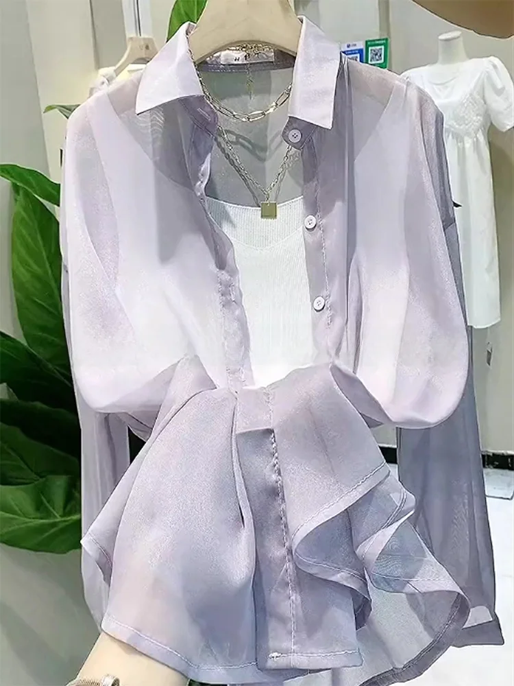 

Purple Pearlized Women's Summer New Style Sun Protection Shirt Translucent Sleeveless Cover up Cardigan Lace Top