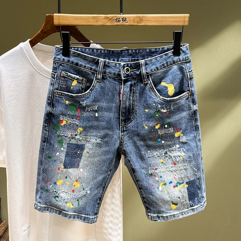 High Quality Tide Brand Personalized Graffiti Broken Jeans Stretch Slim Embroidery Patches Spray Paint Denim Shorts