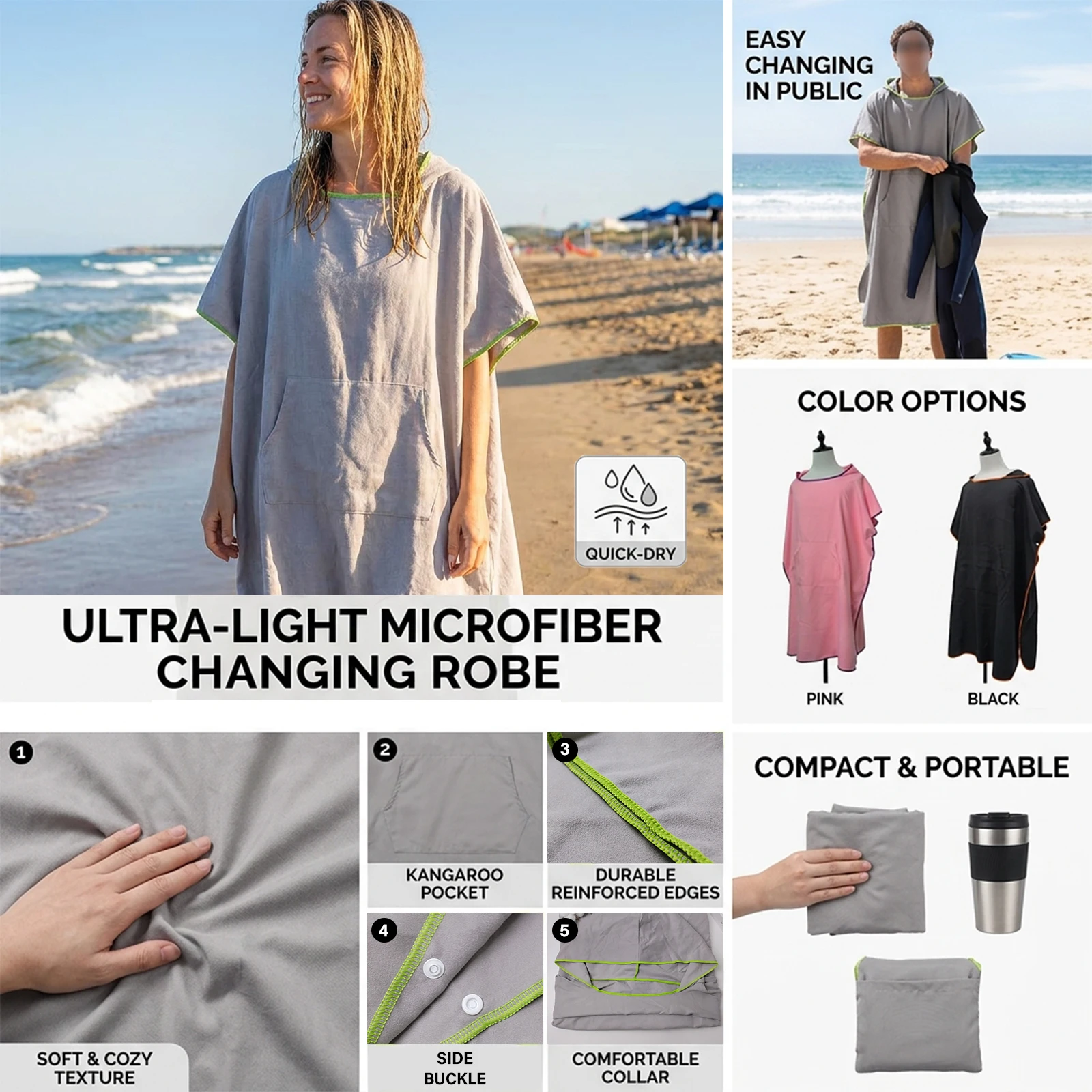 90x110cm Hooded Swim Changing Robe Quick-Dry Beach Poncho with Pocket Portable Soft Bath Cover for Surfing Pool Beach Holiday
