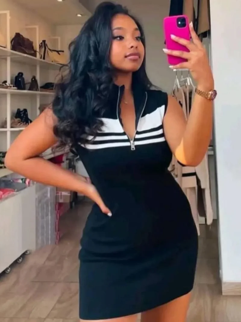Fashion Colorblock Knitting Dress Summer Clothing Women Sleeveless Polo-Neck Bodycon Mini Dresses Casual Slimming Knitted Dress
