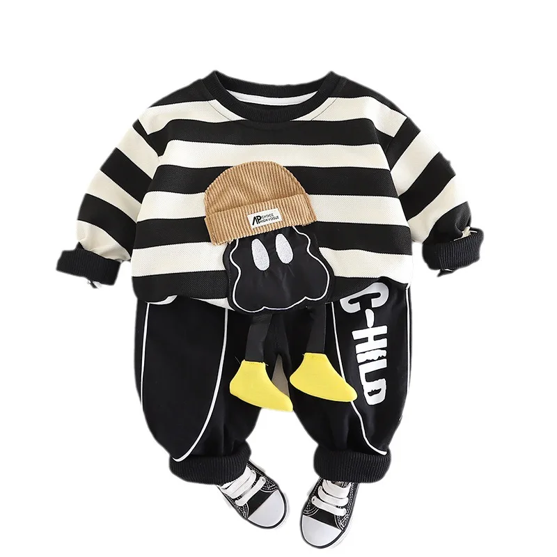 

2023 Autumn New Children's Suit Cute Boy Clothes Striped Casual Sports Pullover Black Letter Sweatpants Two-piece Set