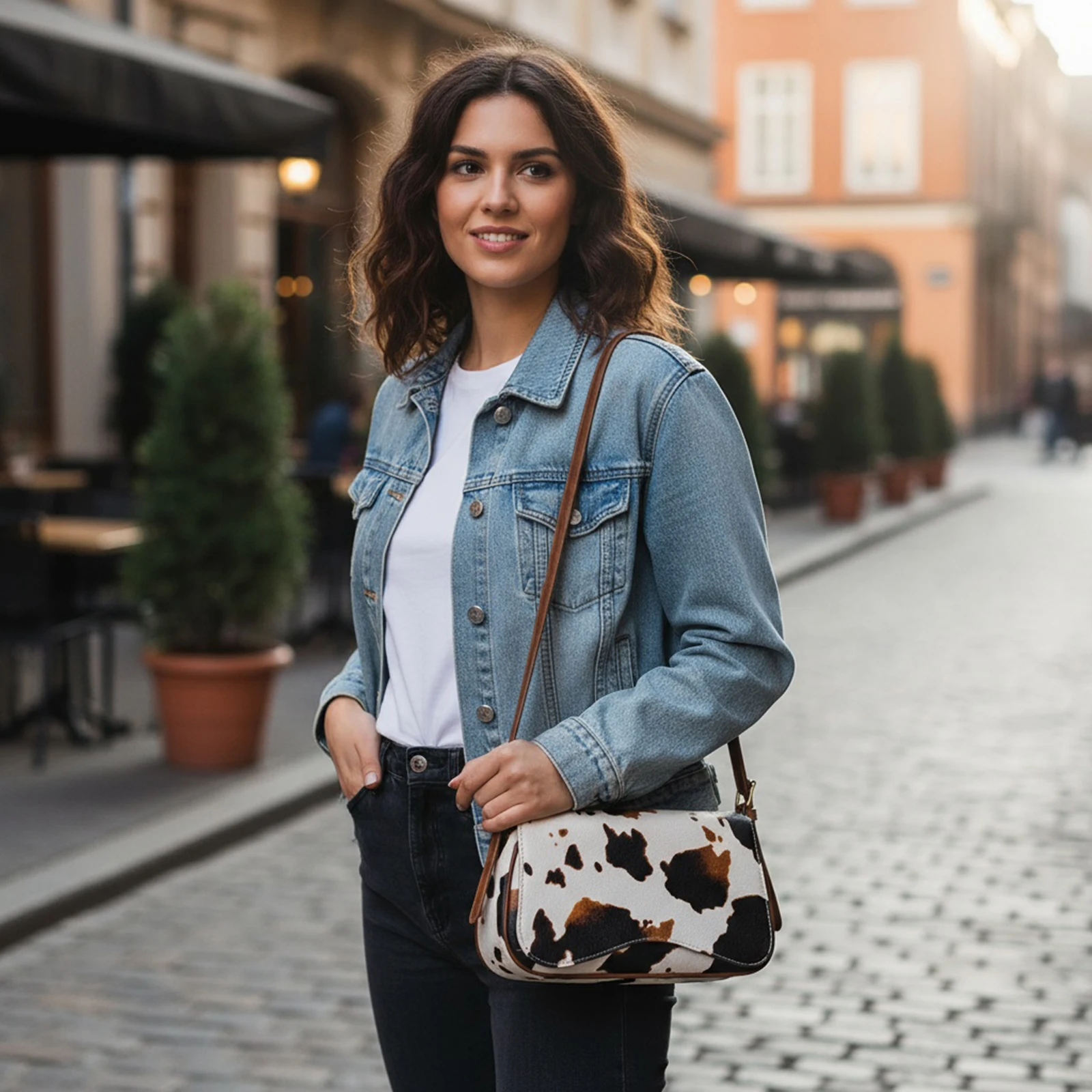 

Women PU Leather Cow Print Shoulder Bag Versatile Tote Bags with Adjustable Strap Commuter Bag for Travel Dating Shopping