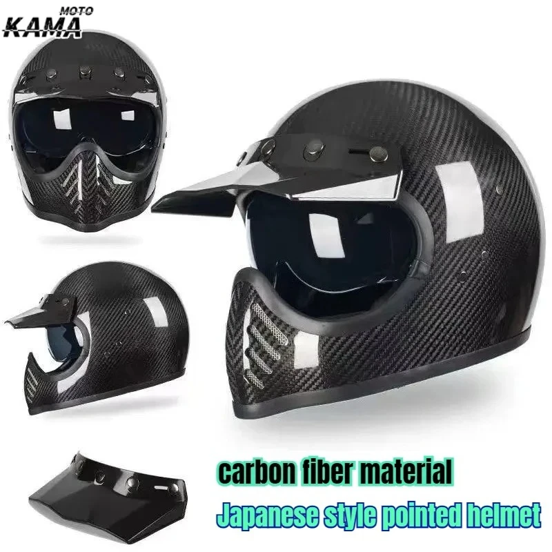 3K Carbon Fiber Retro Full-face Helmet Four Seasons Light Off-road Helmet Motorcycle for Honda CC110 CB300R Z900RS T120