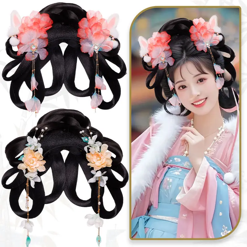 Set di parrucche professionali per foto Hanfu: fascia per capelli all-in-one con chignon - Parrucca clip-on con accessorio per capelli antico cinese stile fata