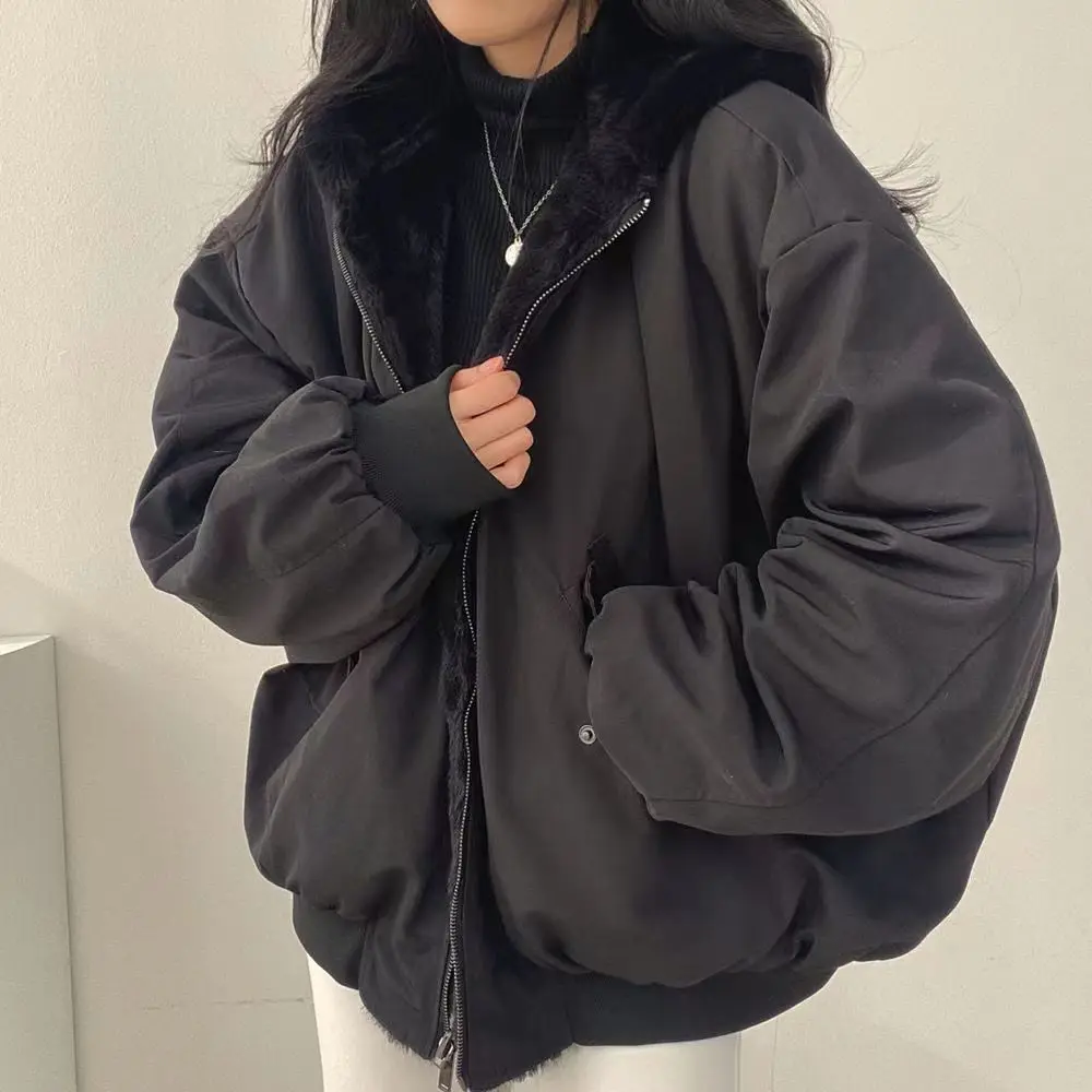 Korean Fashion Double Sided Thicken Parkas Women Winter Warm Fleece Loose Coats Zipper Jacket Er Jackets Streetwear Female Overc