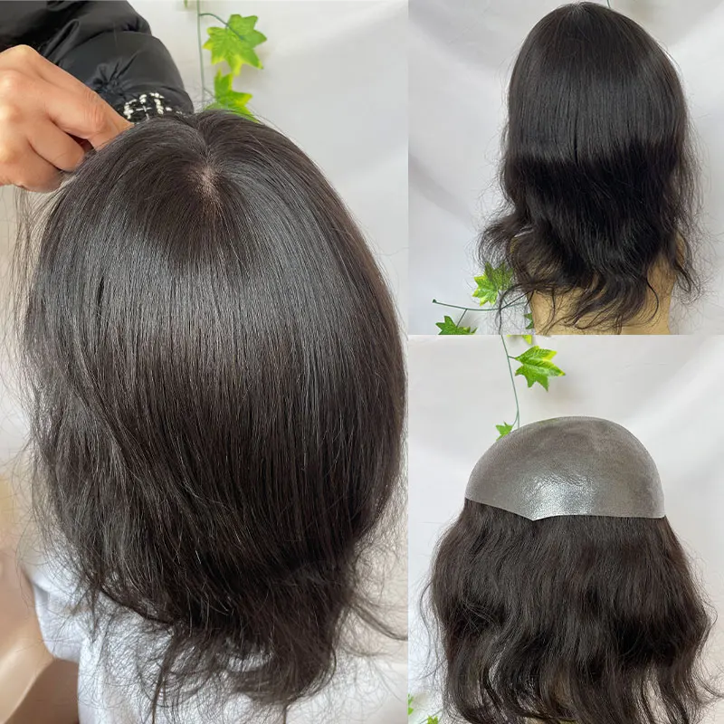 วิกผมจริงทรงยาว12นิ้วสำหรับผู้ชายและผู้หญิง Wigs10x8inch เปลี่ยนผมหนัง PU แบบบางมีสายคาดผมสีดำยาว0.04-0.06มม.