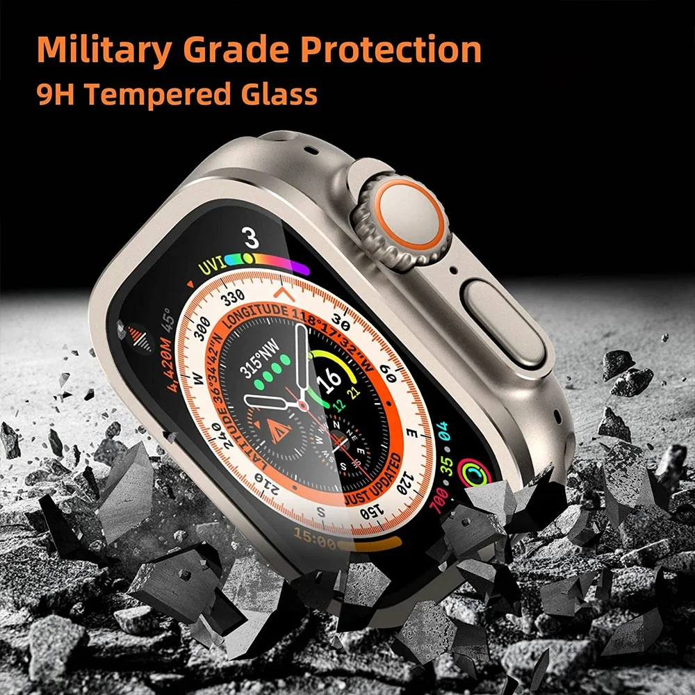 Dla Apple Watch Ultra Screen Protector 49mm szkło hartowane + metalowa ramka zapobiegająca zarysowaniom przezroczysta folia iWatch Ultra 49mm akcesoria