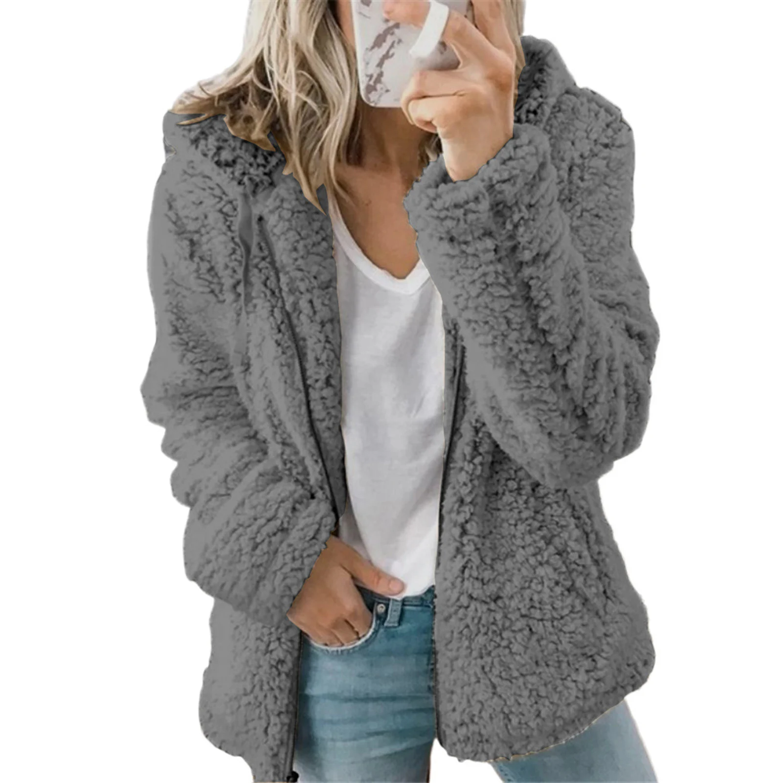 

Флисовые пальто, верхняя одежда, трендовая куртка с карманами на молнии, женское теплое пальто с длинными рукавами и капюшоном