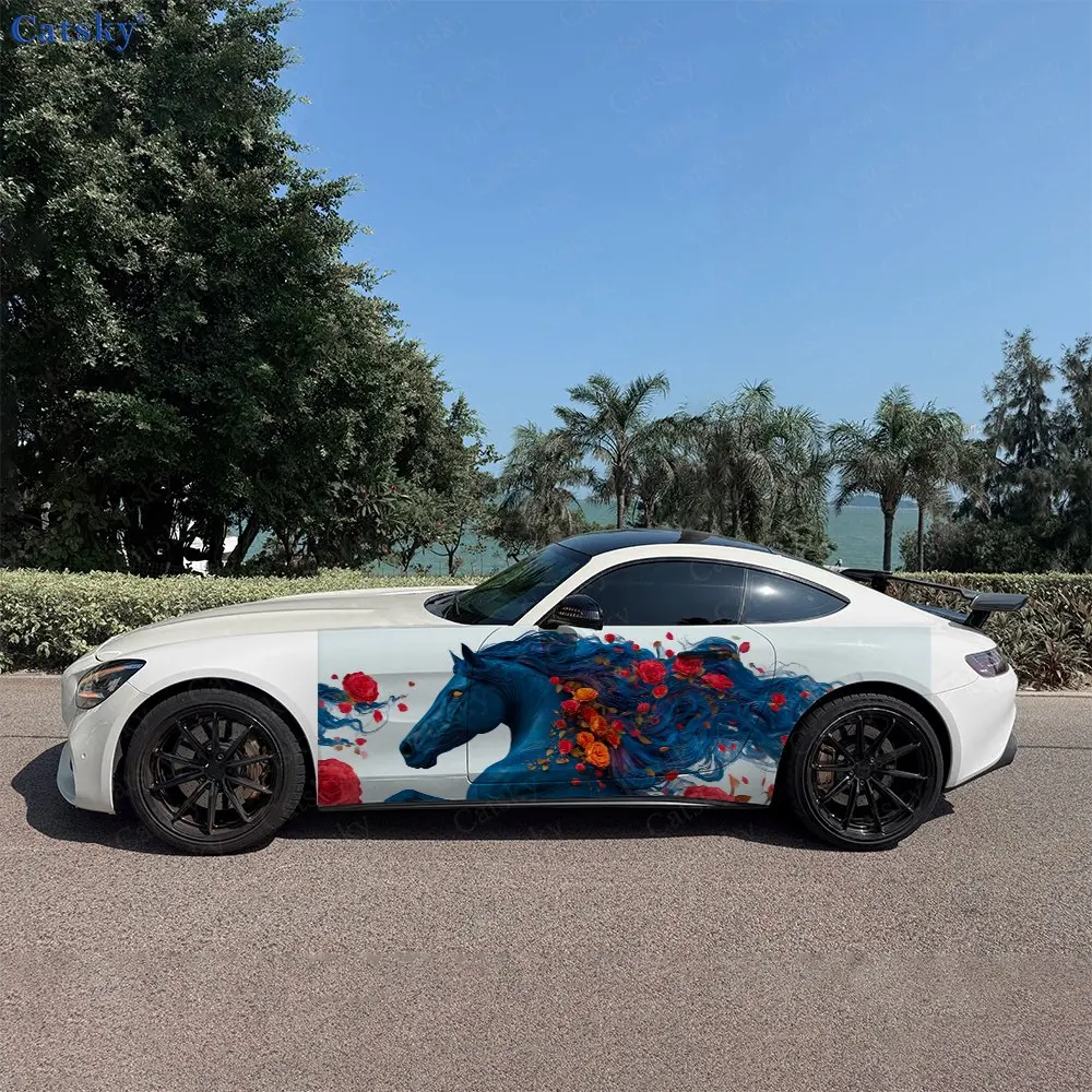 2pcs Floral Galloping Horse Car Side Wraps, Self-Adhesive PVC Waterproof & Scratch-Resistant Stickers, Car Accessory Gift