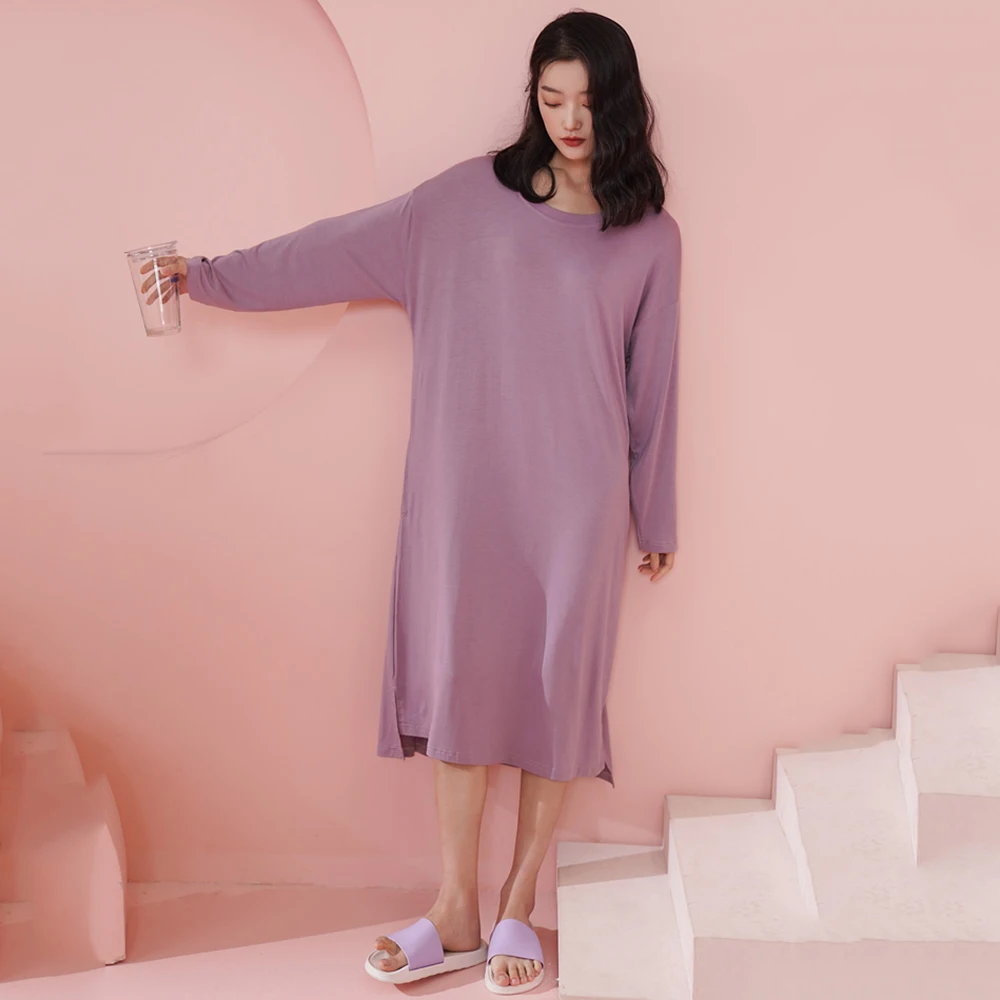 

New Women Spring Autumn Modal Home Dress Simplicity O-Neck Long Sleeve Loose Nightgown Casual Comfortable Purple Pajamas