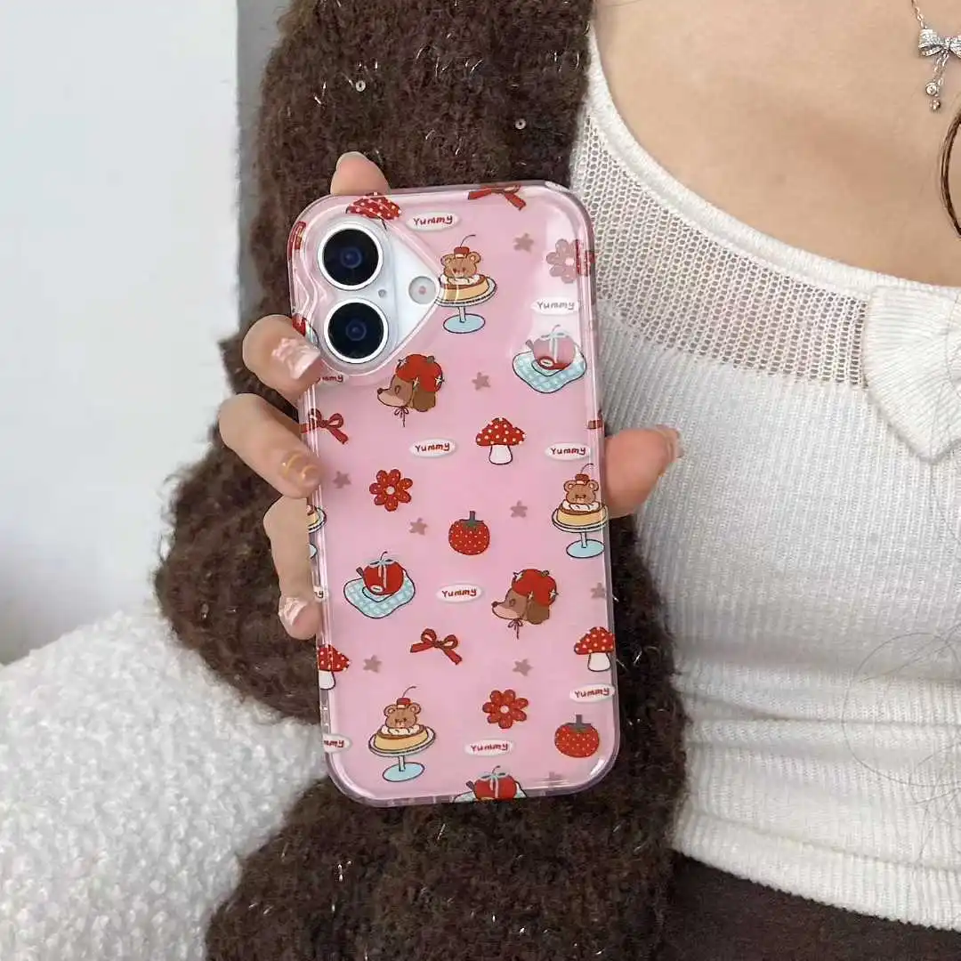 

Cartoon Strawberry Dog with Chain Phone Case ,For IPhone 17 16 15 14 13 Pro Max Plus Anti-fall Tpu Soft Shell Cover