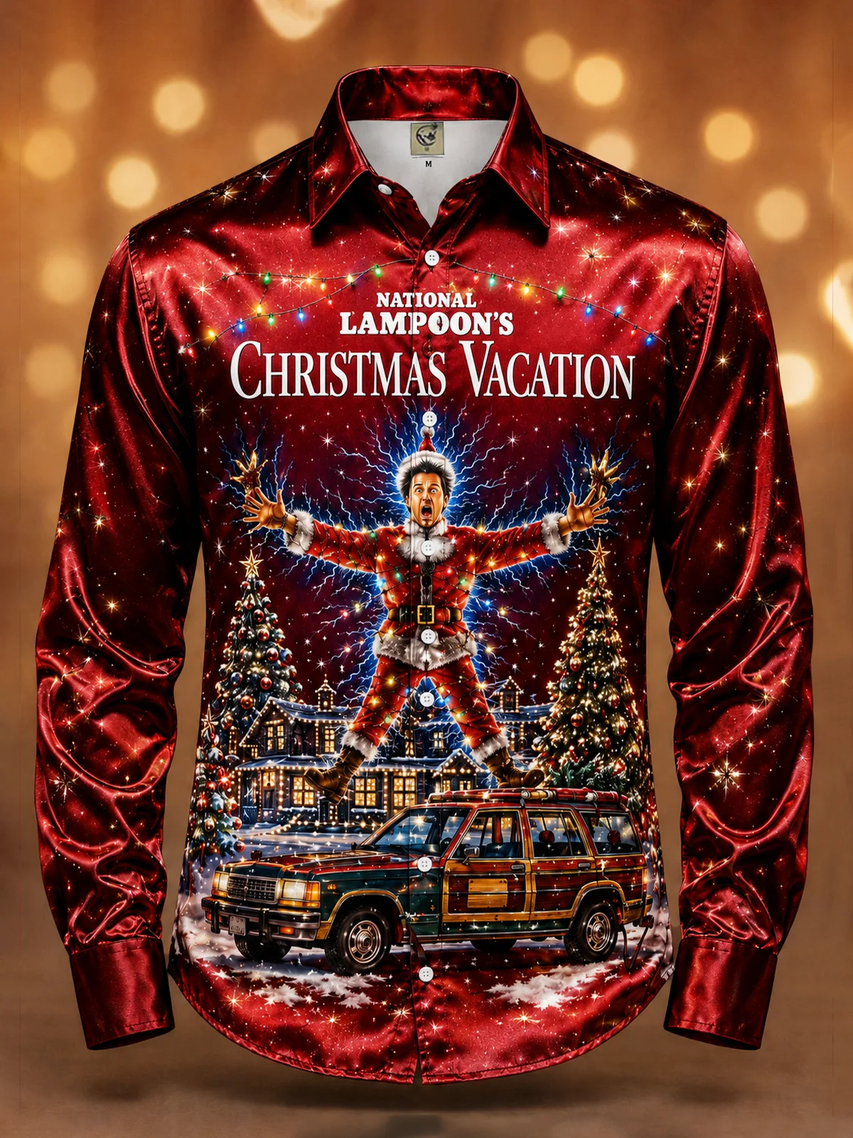 Men Satin 3D Print Long Sleeve Shirt Christmas Reindeer Snowflake Poinsettia Lapel Button Down Party Shirt