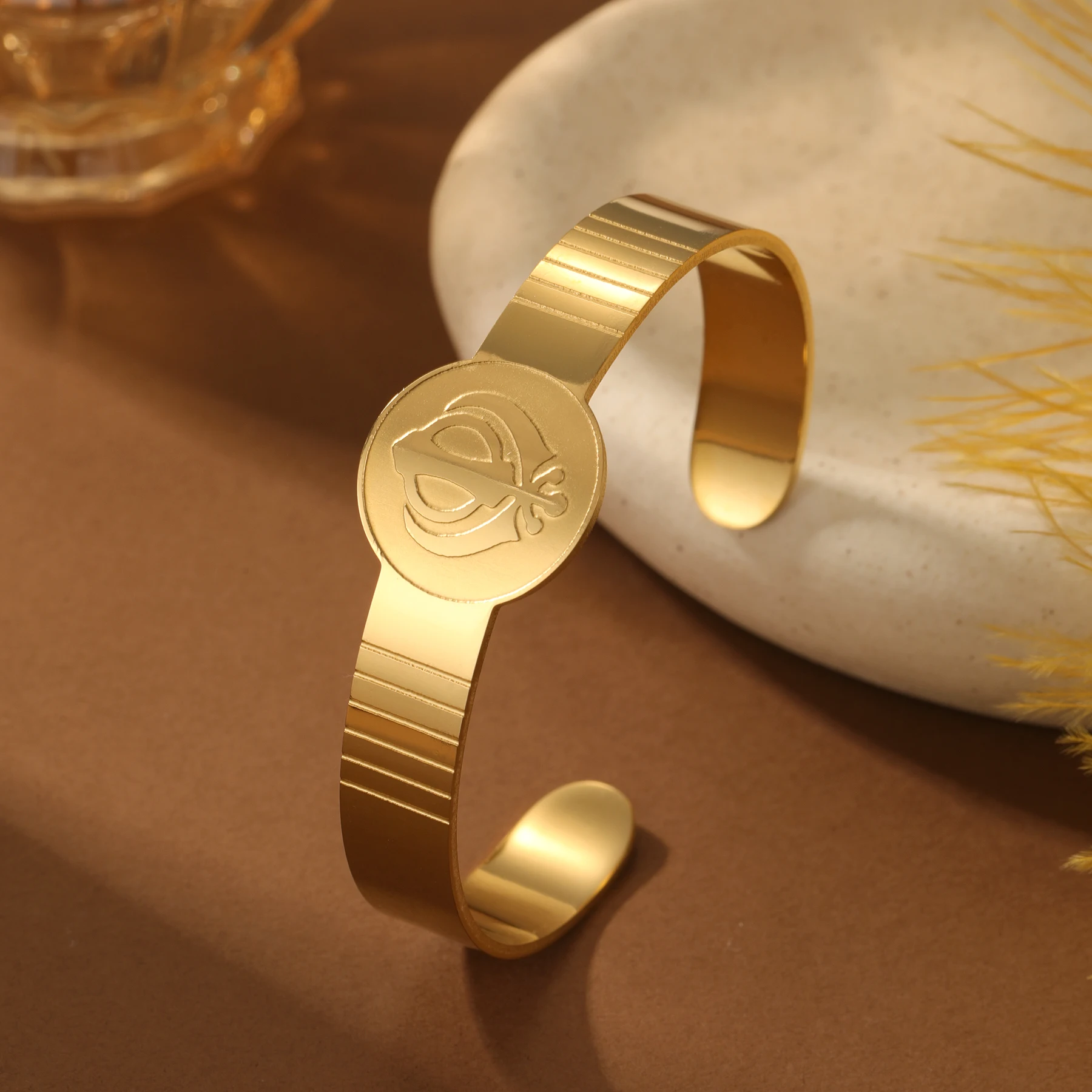 

Sikh Khanda Bracelet 18K Gold Plated Personalized Names Inside Stainless Steel Open Bracelet Engraved Name Jewelry Gift for Her