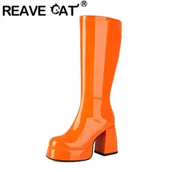 REAVE CAT Patent Leather Stretch Boots Women Round Toe Chunky Heels 9.5cm Platform 3cm Sexy Party Dating Bota Big Size 47 48