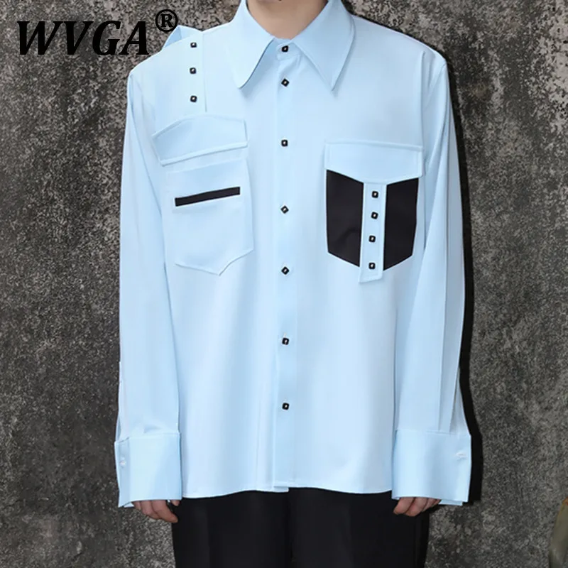

WVGA Spring Autumn New Men Tide High Street Original Design Long Sleeve Shirts Niche Loose Chic Casual Color-Block Top Ins W8365