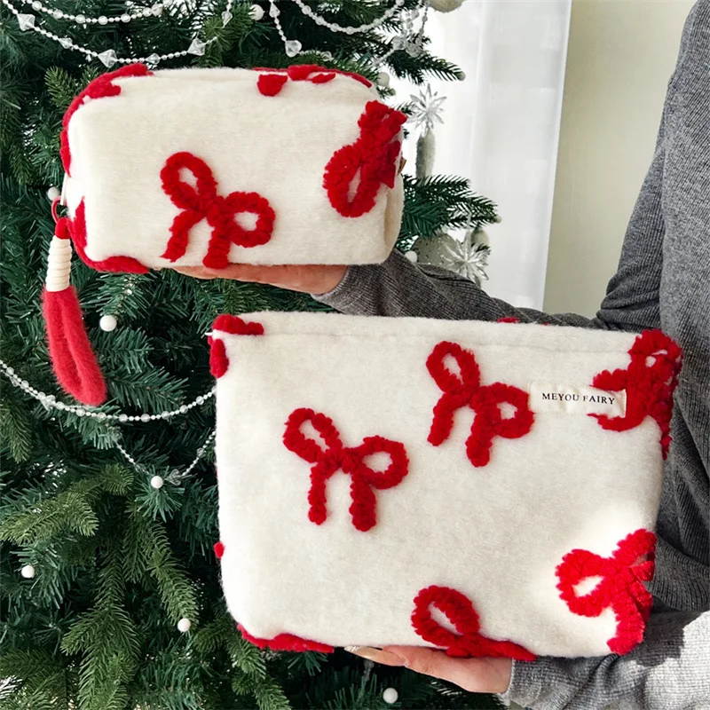 

Sweet Bow Cosmetic Bags for Women Contrast Color Portable Ladies Pillow Makeup Clutch Lightweight Girls Handbag New Year Gift