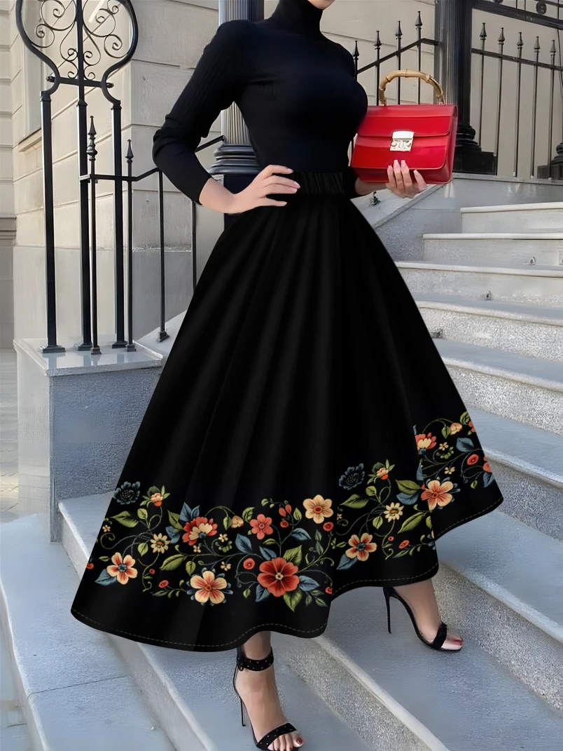 Printed Design Printed Design Not Embroidery Four-season style skirt with colorful floral embroidery, vacation-style women's hal